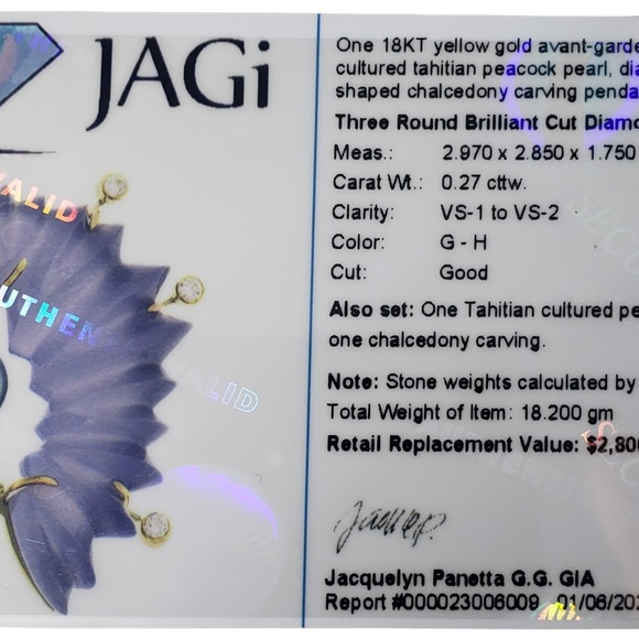 Vintage 18K Yellow Gold Chalcedony, Tahitian Pearl and Diamond Pendant #13703 - Picture 8 of 8